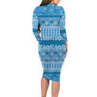 Hawaiian Hibiscus Honu Long Sleeve Bodycon Dress Blue Mele Kalikimaka Palaka Spirit LT9 - Polynesian Pride