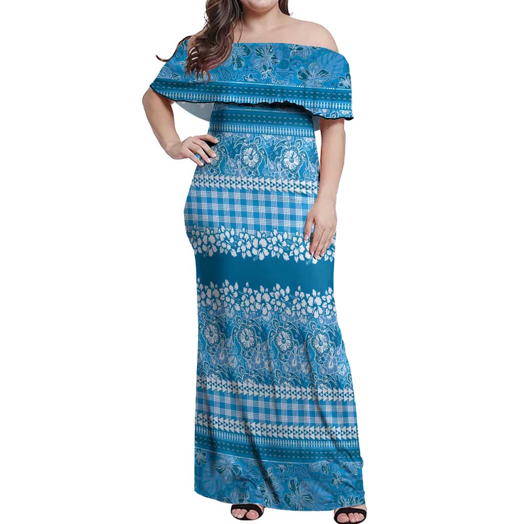 Hawaiian Hibiscus Honu Off Shoulder Maxi Dress Blue Mele Kalikimaka Palaka Spirit LT9 Women Blue - Polynesian Pride