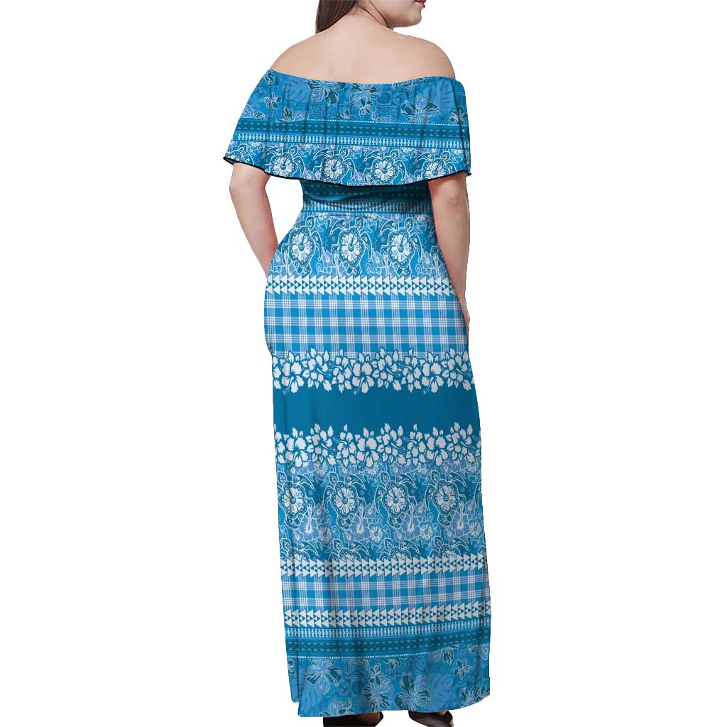 Hawaiian Hibiscus Honu Off Shoulder Maxi Dress Blue Mele Kalikimaka Palaka Spirit LT9 - Polynesian Pride