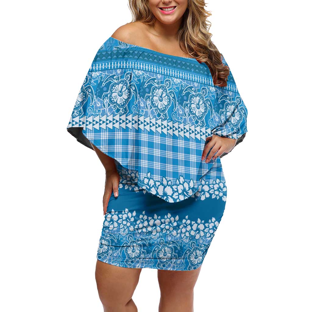 Hawaiian Hibiscus Honu Off Shoulder Short Dress Blue Mele Kalikimaka Palaka Spirit - Polynesian Pride
