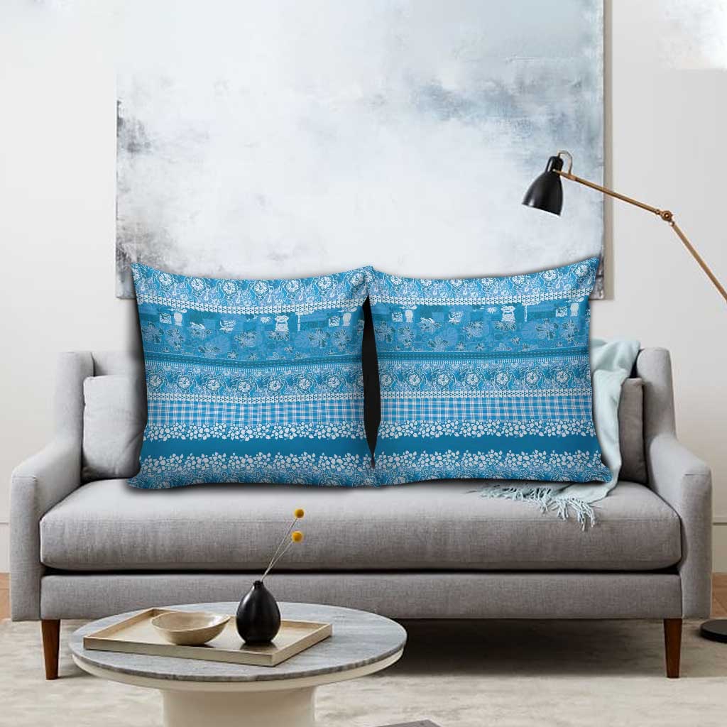 Hawaiian Hibiscus Honu Pillow Cover Blue Mele Kalikimaka Palaka Spirit - Polynesian Pride