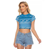 Hawaiian Hibiscus Honu Raglan Cropped T Shirt Blue Mele Kalikimaka Palaka Spirit - Polynesian Pride