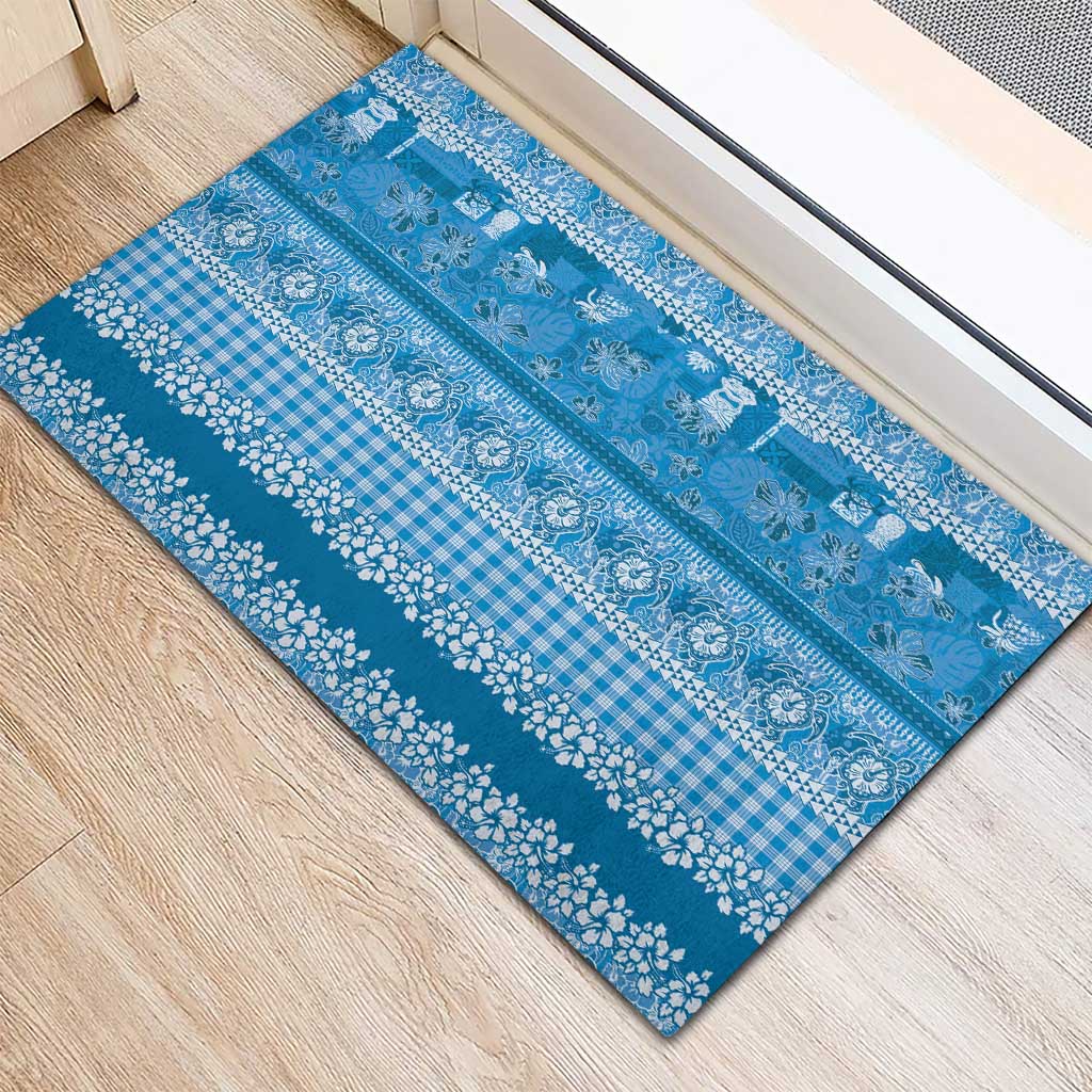 Hawaiian Hibiscus Honu Rubber Doormat Blue Mele Kalikimaka Palaka Spirit - Polynesian Pride