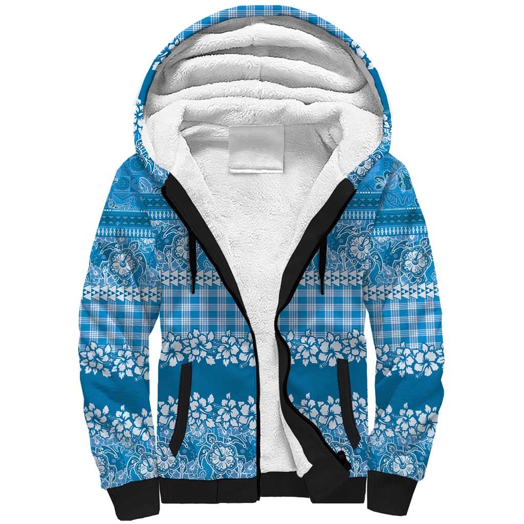 Hawaiian Hibiscus Honu Sherpa Hoodie Blue Mele Kalikimaka Palaka Spirit LT9 Unisex Blue - Polynesian Pride