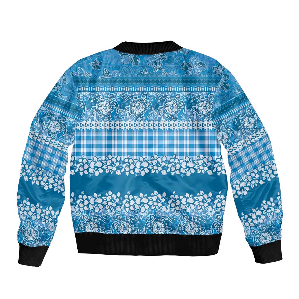 Hawaiian Hibiscus Honu Sleeve Zip Bomber Jacket Blue Mele Kalikimaka Palaka Spirit - Polynesian Pride