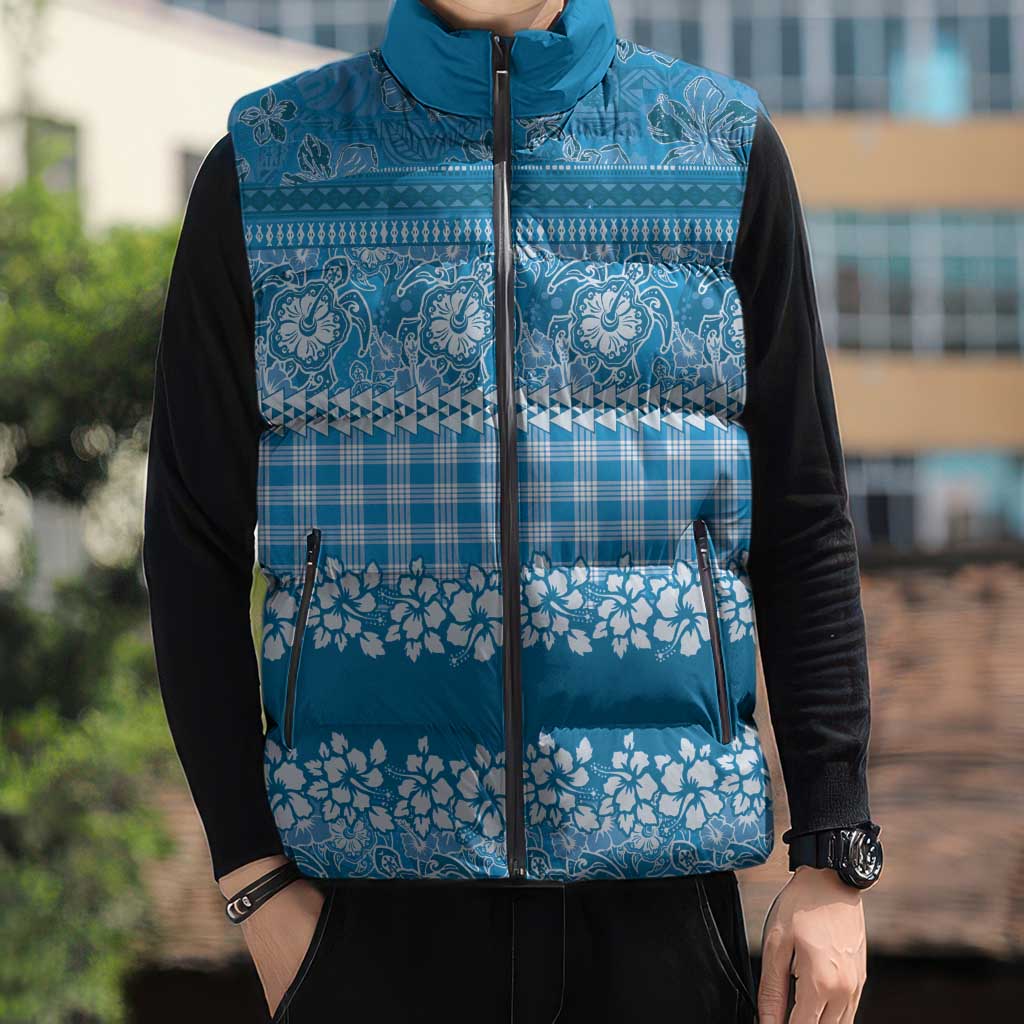 Hawaiian Hibiscus Honu Sleeveless Puffer Jacket Blue Mele Kalikimaka Palaka Spirit - Polynesian Pride