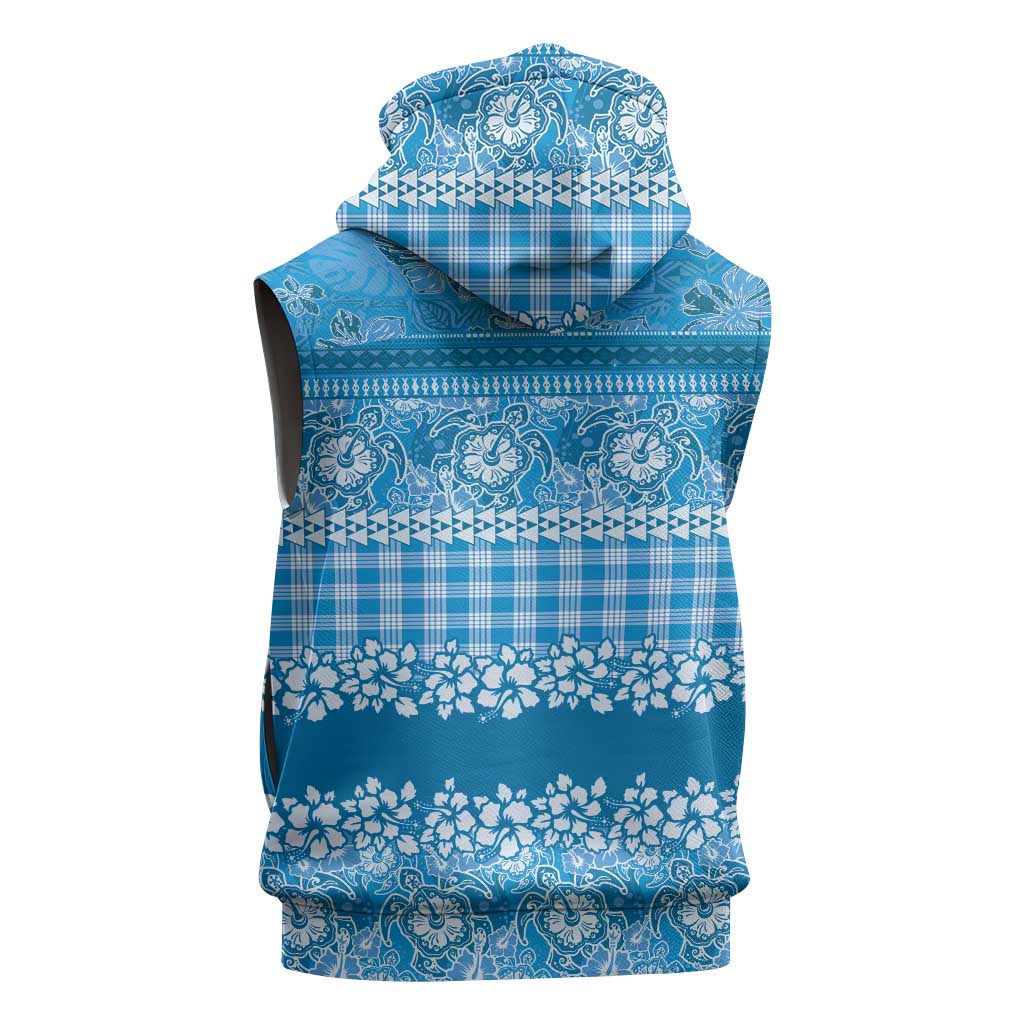 Hawaiian Hibiscus Honu Sleeveless Zip Hoodie Blue Mele Kalikimaka Palaka Spirit - Polynesian Pride
