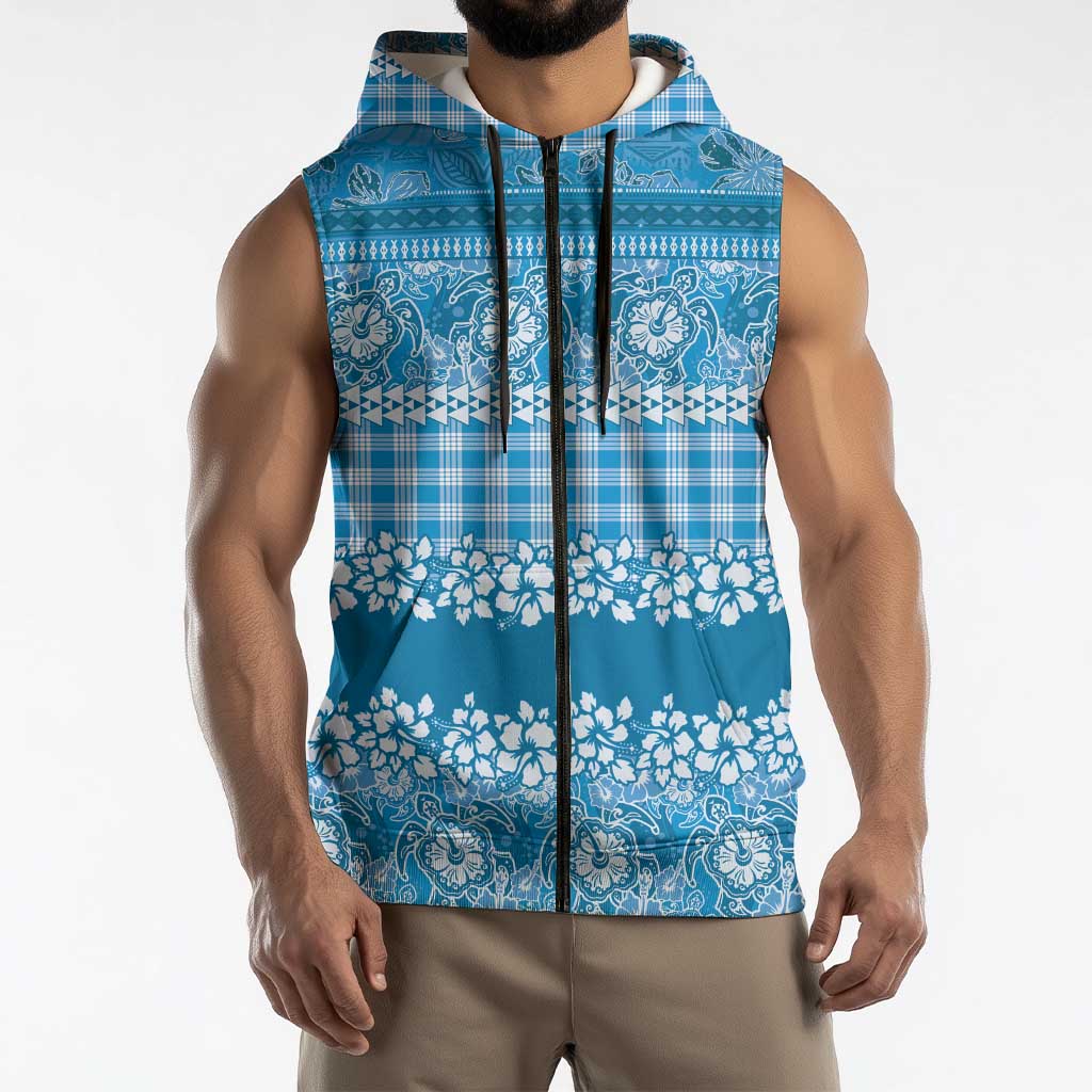 Hawaiian Hibiscus Honu Sleeveless Zip Hoodie Blue Mele Kalikimaka Palaka Spirit - Polynesian Pride
