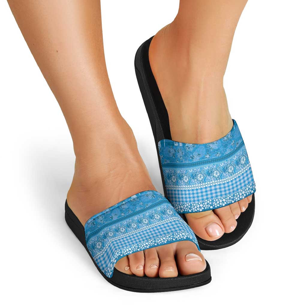 Hawaiian Hibiscus Honu Slide Sandals Blue Mele Kalikimaka Palaka Spirit - Polynesian Pride