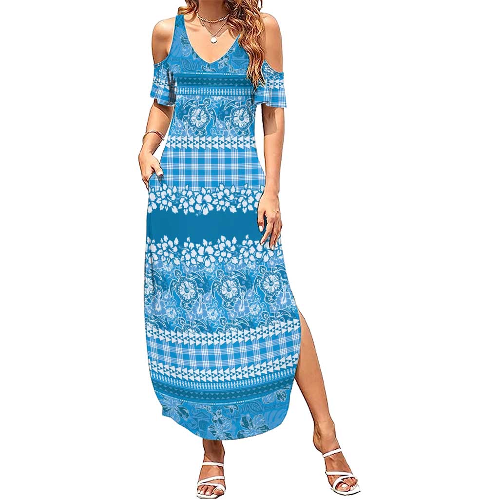 Hawaiian Hibiscus Honu Summer Maxi Dress Blue Mele Kalikimaka Palaka Spirit - Polynesian Pride