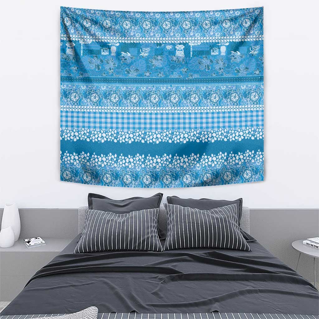 Hawaiian Hibiscus Honu Tapestry Blue Mele Kalikimaka Palaka Spirit - Polynesian Pride