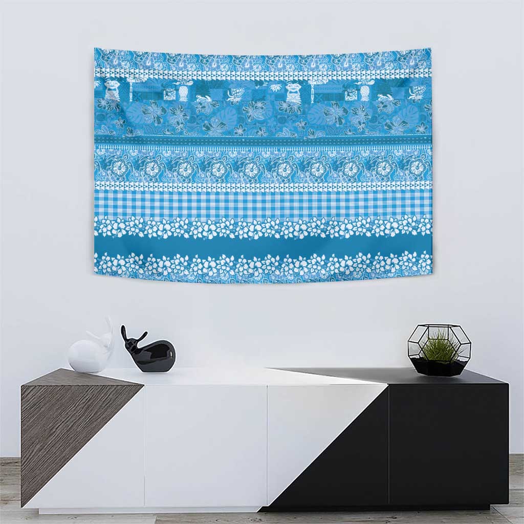 Hawaiian Hibiscus Honu Tapestry Blue Mele Kalikimaka Palaka Spirit - Polynesian Pride