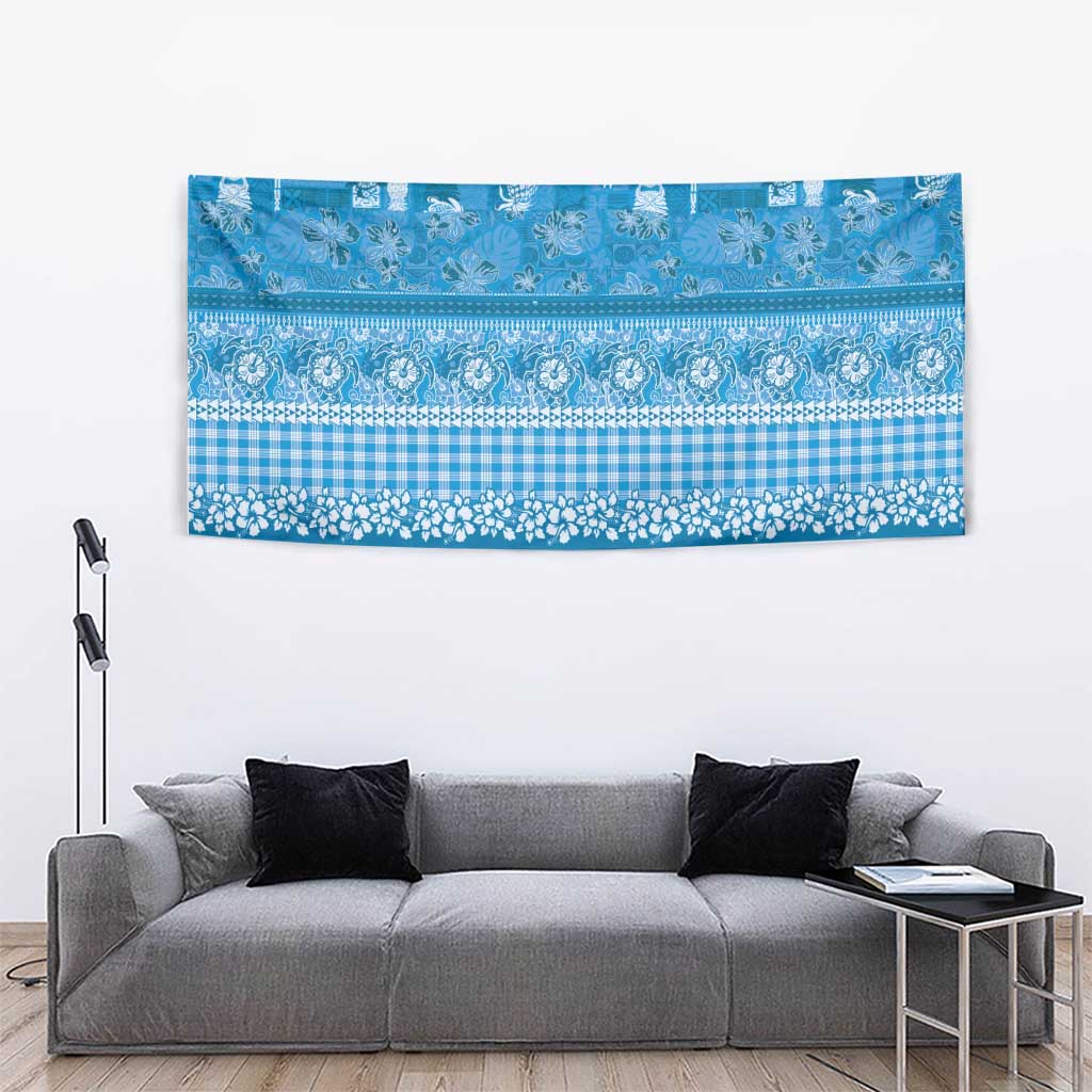 Hawaiian Hibiscus Honu Tapestry Blue Mele Kalikimaka Palaka Spirit - Polynesian Pride