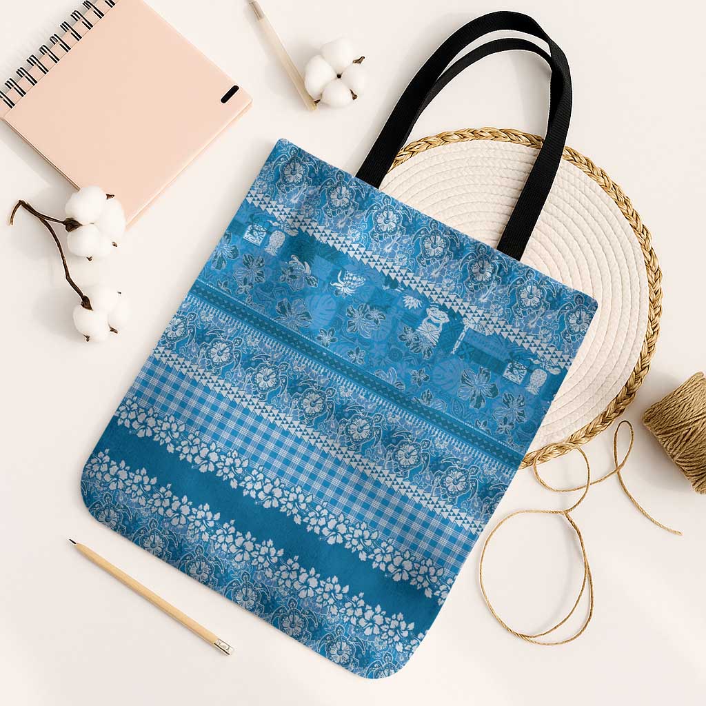 Hawaiian Hibiscus Honu Tote Bag Blue Mele Kalikimaka Palaka Spirit - Polynesian Pride