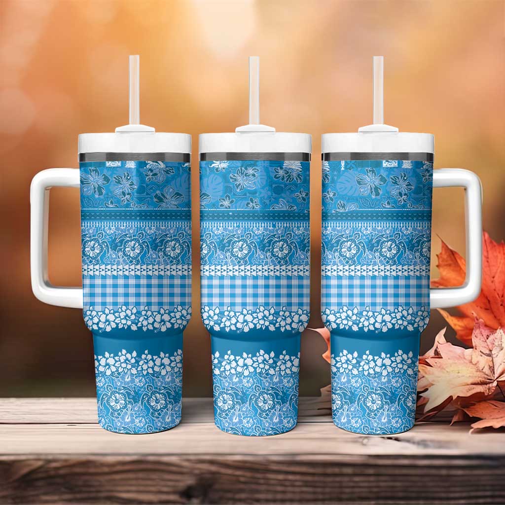 Hawaiian Hibiscus Honu Tumbler With Handle Blue Mele Kalikimaka Palaka Spirit - Polynesian Pride