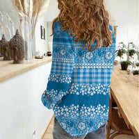 Hawaiian Hibiscus Honu Women Casual Shirt Blue Mele Kalikimaka Palaka Spirit - Polynesian Pride