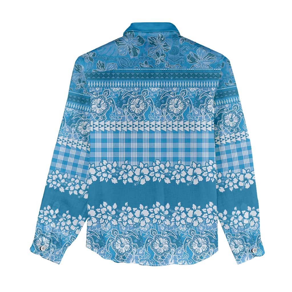 Hawaiian Hibiscus Honu Women Casual Shirt Blue Mele Kalikimaka Palaka Spirit - Polynesian Pride