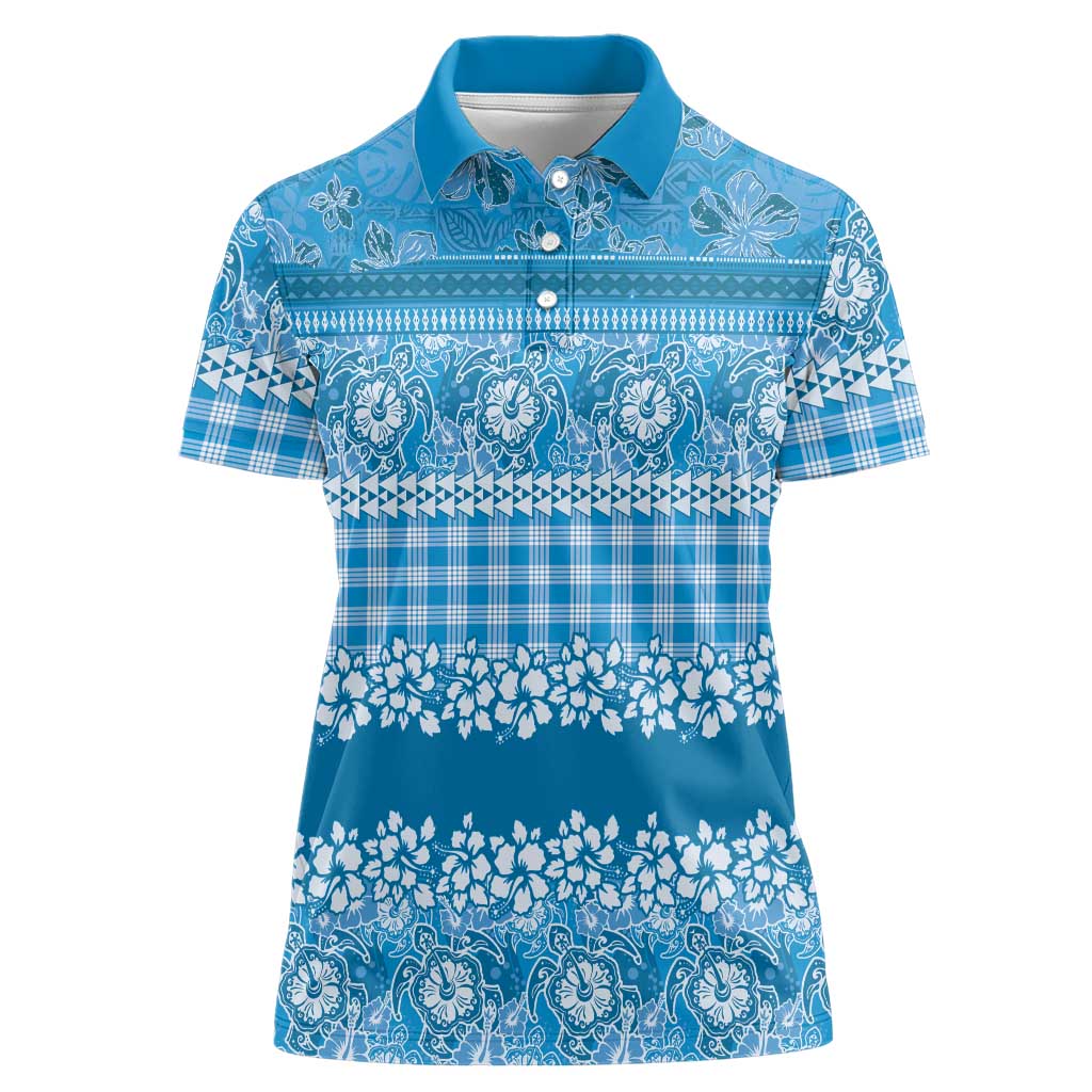Hawaiian Hibiscus Honu Women Polo Shirt Blue Mele Kalikimaka Palaka Spirit - Polynesian Pride