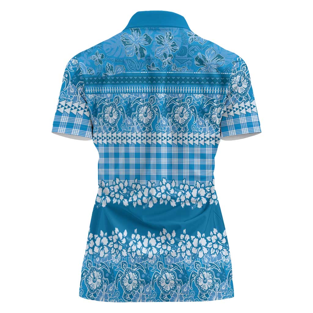 Hawaiian Hibiscus Honu Women Polo Shirt Blue Mele Kalikimaka Palaka Spirit - Polynesian Pride