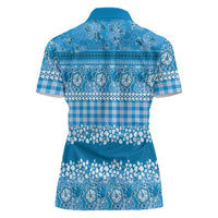 Hawaiian Hibiscus Honu Women Polo Shirt Blue Mele Kalikimaka Palaka Spirit - Polynesian Pride