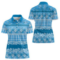 Hawaiian Hibiscus Honu Women Polo Shirt Blue Mele Kalikimaka Palaka Spirit - Polynesian Pride