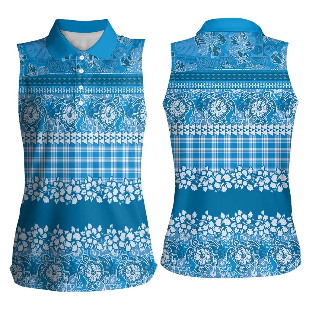 Hawaiian Hibiscus Honu Women Sleeveless Polo Shirt Blue Mele Kalikimaka Palaka Spirit LT9 - Polynesian Pride