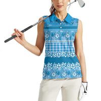 Hawaiian Hibiscus Honu Women Sleeveless Polo Shirt Blue Mele Kalikimaka Palaka Spirit LT9 - Polynesian Pride