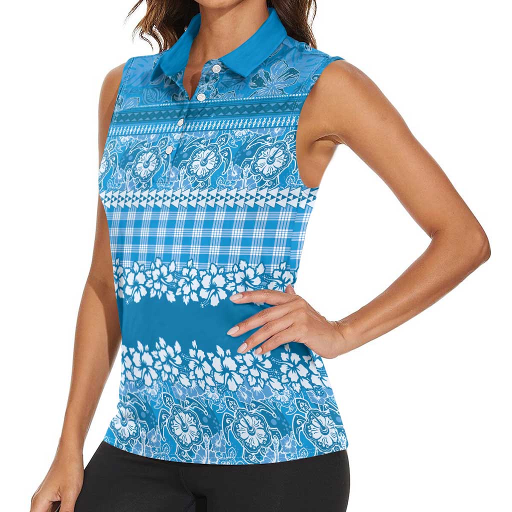 Hawaiian Hibiscus Honu Women Sleeveless Polo Shirt Blue Mele Kalikimaka Palaka Spirit LT9 - Polynesian Pride