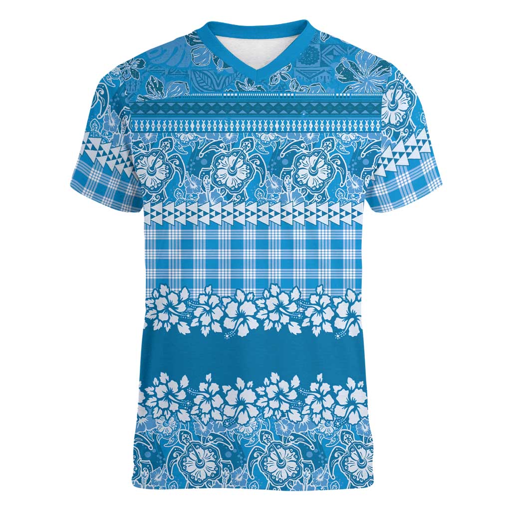 Hawaiian Hibiscus Honu Women V-Neck T-Shirt Blue Mele Kalikimaka Palaka Spirit - Polynesian Pride
