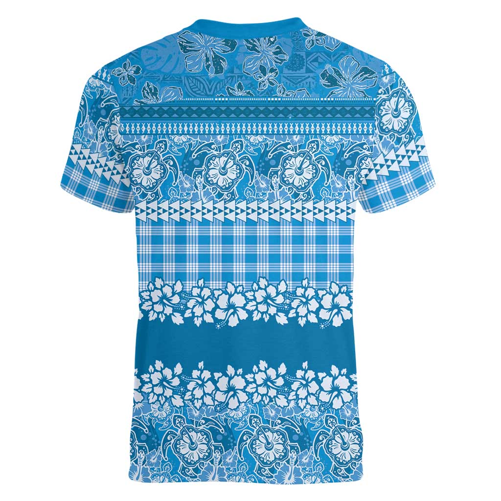 Hawaiian Hibiscus Honu Women V-Neck T-Shirt Blue Mele Kalikimaka Palaka Spirit - Polynesian Pride