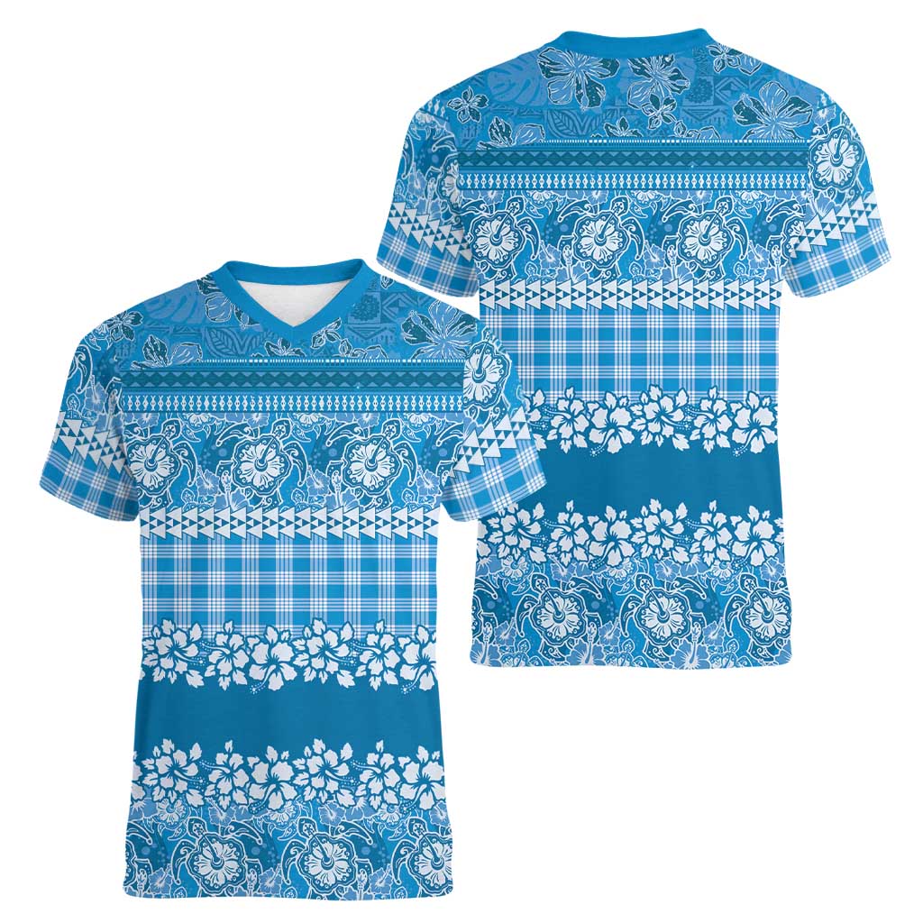 Hawaiian Hibiscus Honu Women V-Neck T-Shirt Blue Mele Kalikimaka Palaka Spirit - Polynesian Pride