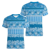 Hawaiian Hibiscus Honu Women V-Neck T-Shirt Blue Mele Kalikimaka Palaka Spirit - Polynesian Pride