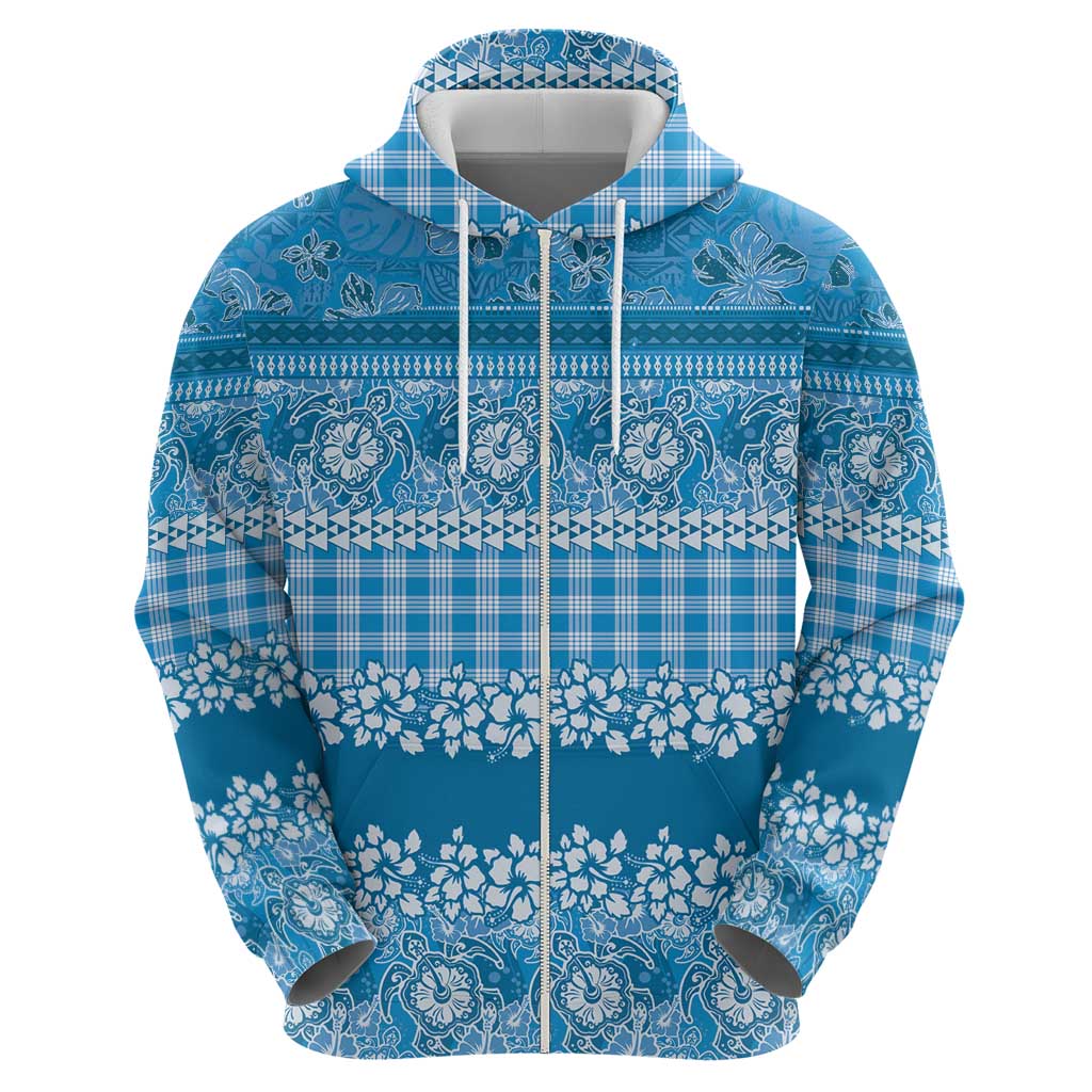 Hawaiian Hibiscus Honu Zip Hoodie Blue Mele Kalikimaka Palaka Spirit LT9 - Polynesian Pride