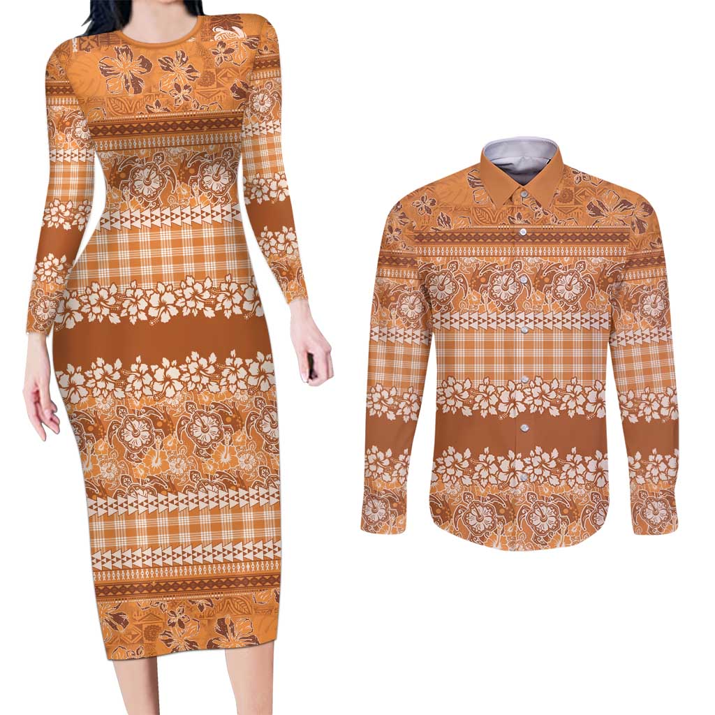 Hawaiian Hibiscus Honu Couples Matching Long Sleeve Bodycon Dress and Long Sleeve Button Shirt Gold Mele Kalikimaka Palaka Spirit - Polynesian Pride