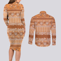 Hawaiian Hibiscus Honu Couples Matching Long Sleeve Bodycon Dress and Long Sleeve Button Shirt Gold Mele Kalikimaka Palaka Spirit LT9 - Polynesian Pride