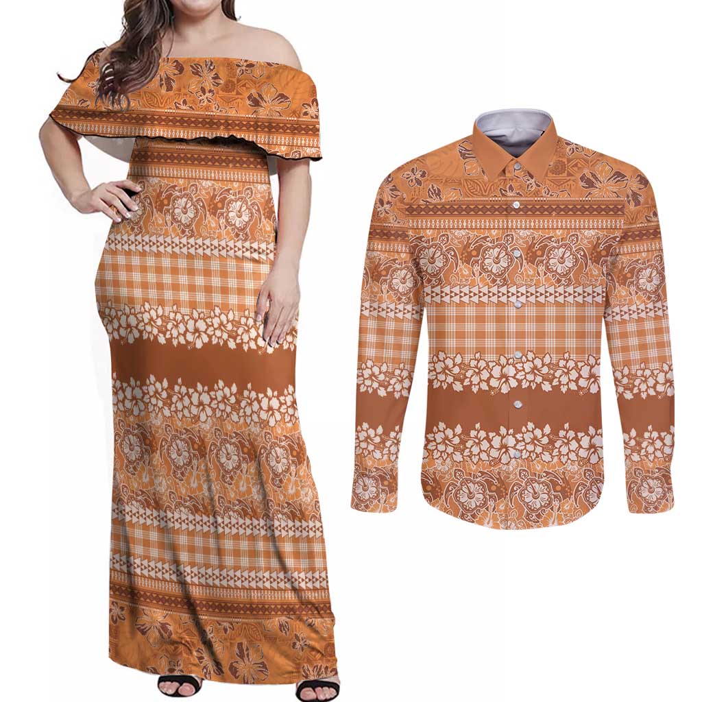 Hawaiian Hibiscus Honu Couples Matching Off Shoulder Maxi Dress and Long Sleeve Button Shirt Gold Mele Kalikimaka Palaka Spirit - Polynesian Pride