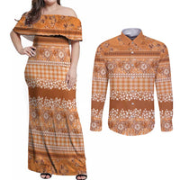 Hawaiian Hibiscus Honu Couples Matching Off Shoulder Maxi Dress and Long Sleeve Button Shirt Gold Mele Kalikimaka Palaka Spirit LT9 Gold - Polynesian Pride