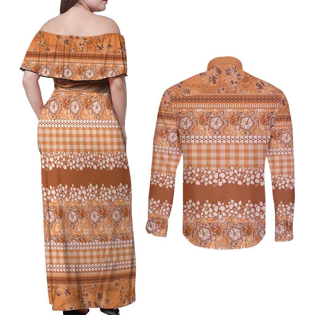 Hawaiian Hibiscus Honu Couples Matching Off Shoulder Maxi Dress and Long Sleeve Button Shirt Gold Mele Kalikimaka Palaka Spirit LT9 - Polynesian Pride