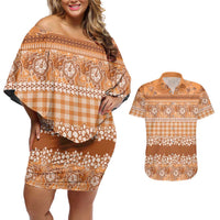 Hawaiian Hibiscus Honu Couples Matching Off Shoulder Short Dress and Hawaiian Shirt Gold Mele Kalikimaka Palaka Spirit LT9 Gold - Polynesian Pride
