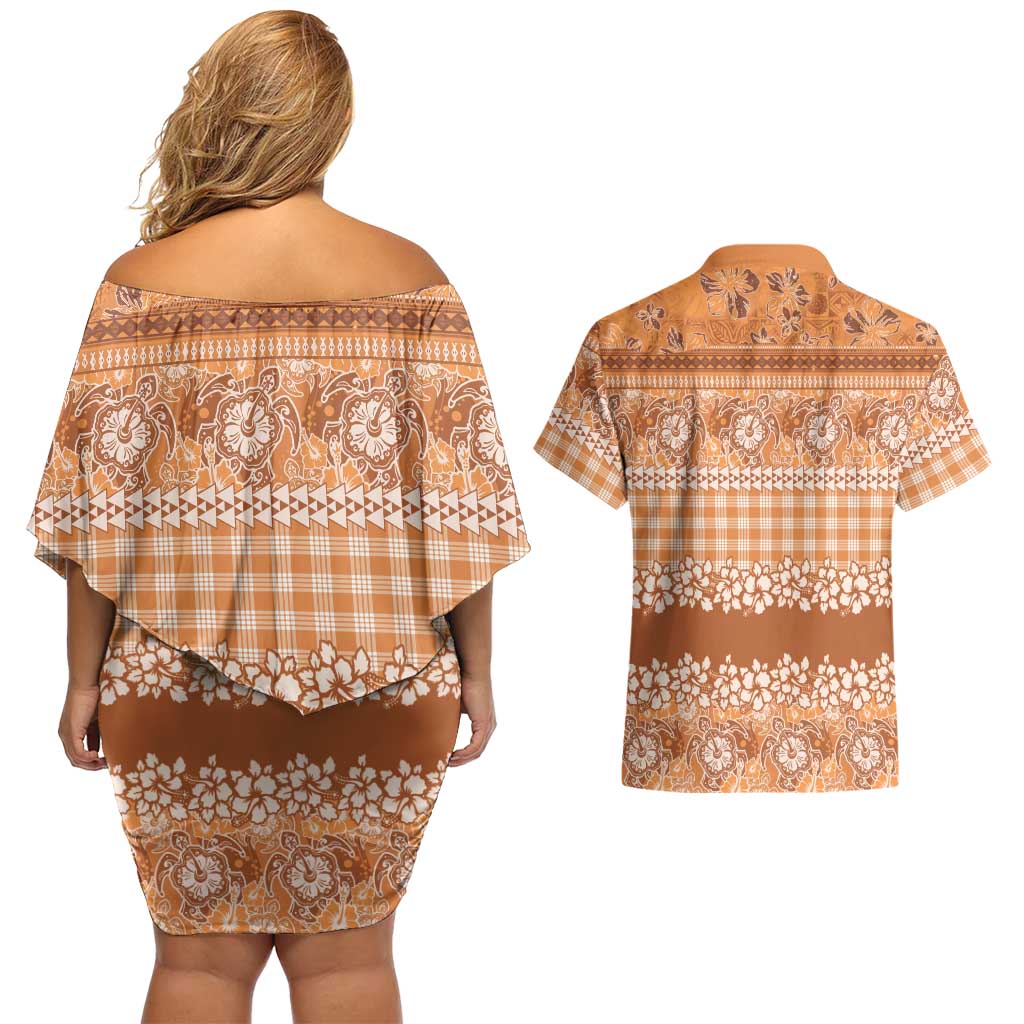 Hawaiian Hibiscus Honu Couples Matching Off Shoulder Short Dress and Hawaiian Shirt Gold Mele Kalikimaka Palaka Spirit LT9 - Polynesian Pride