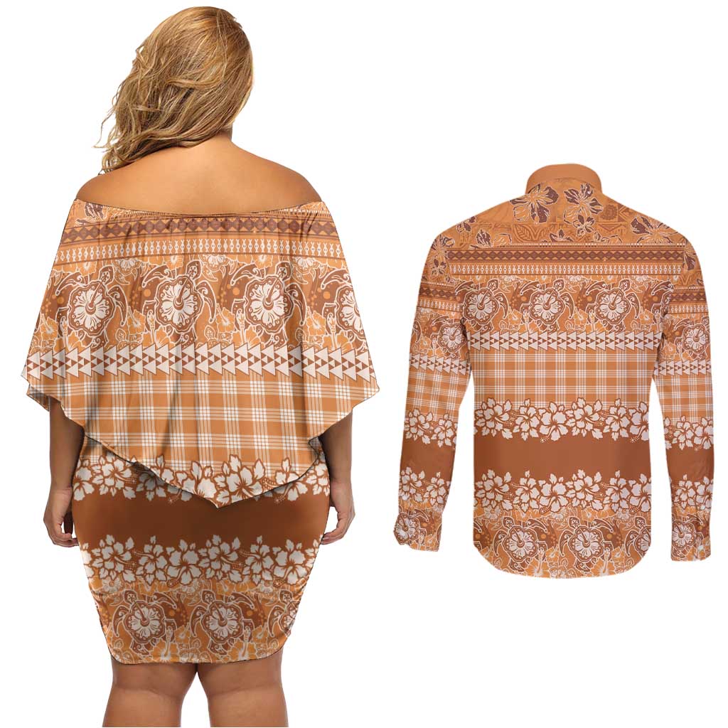 Hawaiian Hibiscus Honu Couples Matching Off Shoulder Short Dress and Long Sleeve Button Shirt Gold Mele Kalikimaka Palaka Spirit LT9 - Polynesian Pride