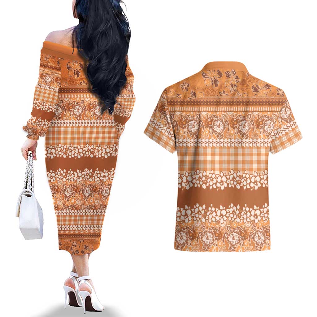 Hawaiian Hibiscus Honu Couples Matching Off The Shoulder Long Sleeve Dress and Hawaiian Shirt Gold Mele Kalikimaka Palaka Spirit LT9 - Polynesian Pride