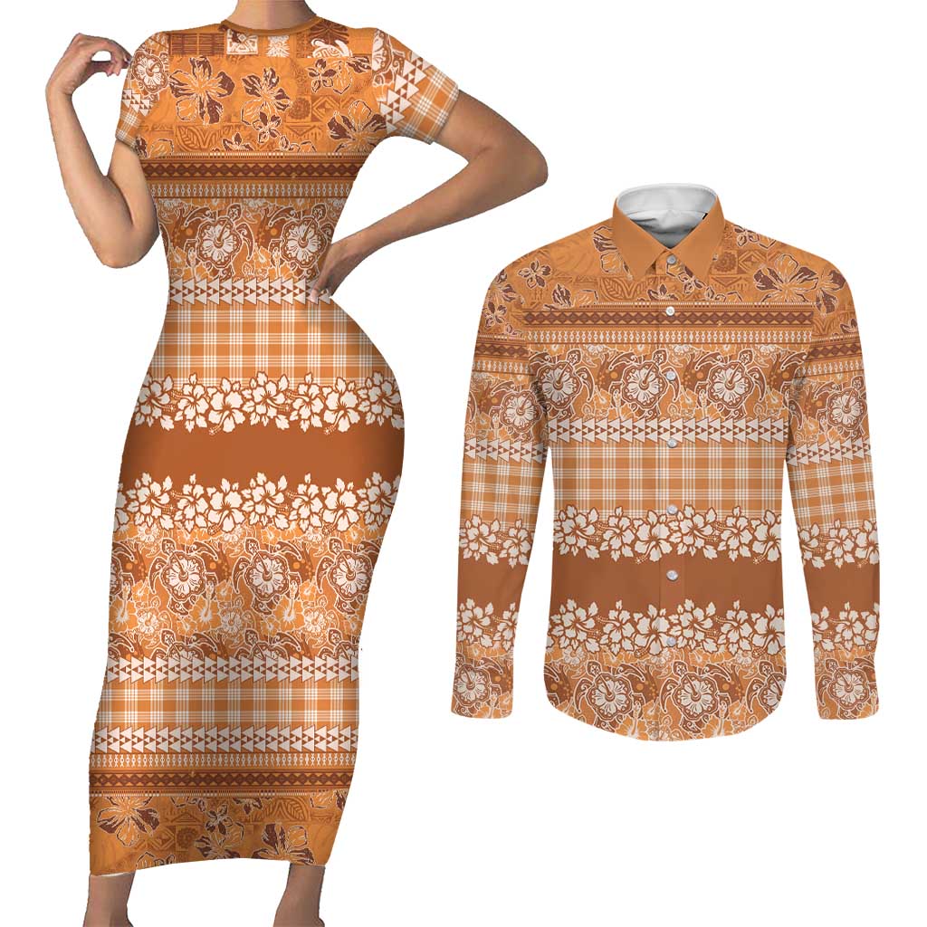 Hawaiian Hibiscus Honu Couples Matching Short Sleeve Bodycon Dress and Long Sleeve Button Shirt Gold Mele Kalikimaka Palaka Spirit - Polynesian Pride