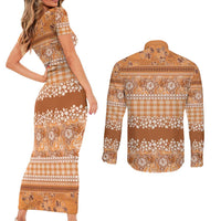 Hawaiian Hibiscus Honu Couples Matching Short Sleeve Bodycon Dress and Long Sleeve Button Shirt Gold Mele Kalikimaka Palaka Spirit LT9 - Polynesian Pride