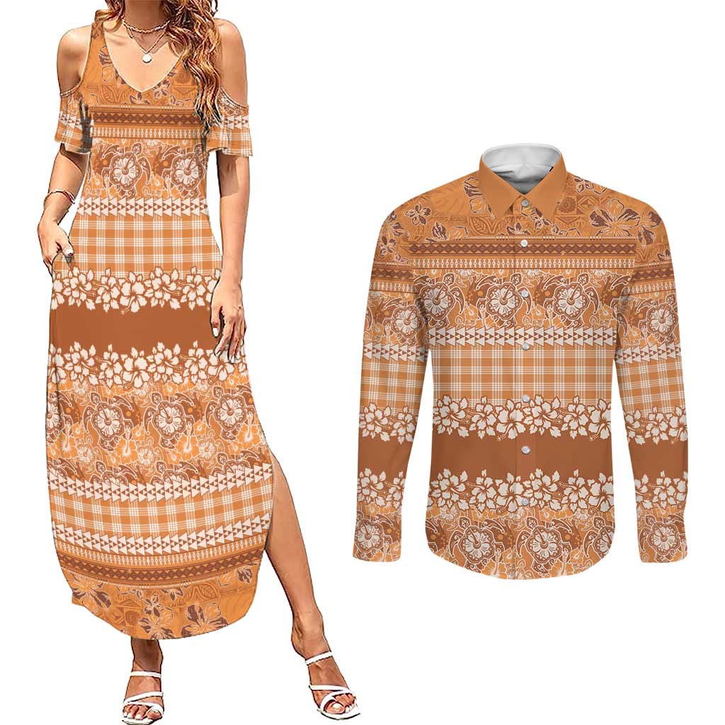 Hawaiian Hibiscus Honu Couples Matching Summer Maxi Dress and Long Sleeve Button Shirt Gold Mele Kalikimaka Palaka Spirit LT9 Gold - Polynesian Pride
