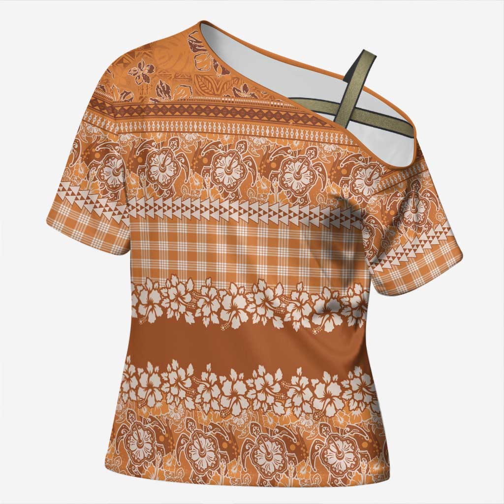 Hawaiian Hibiscus Honu Cross Shoulder Shirt Gold Mele Kalikimaka Palaka Spirit - Polynesian Pride