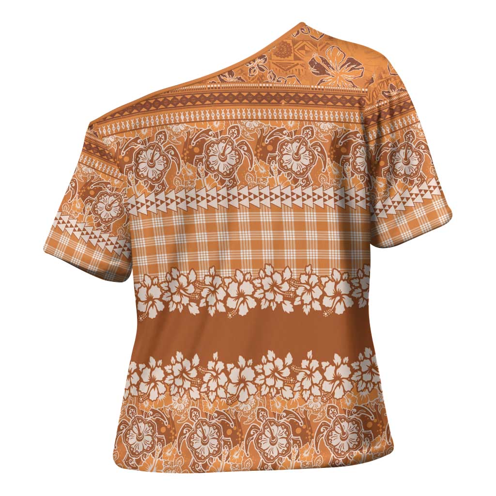 Hawaiian Hibiscus Honu Cross Shoulder Shirt Gold Mele Kalikimaka Palaka Spirit - Polynesian Pride