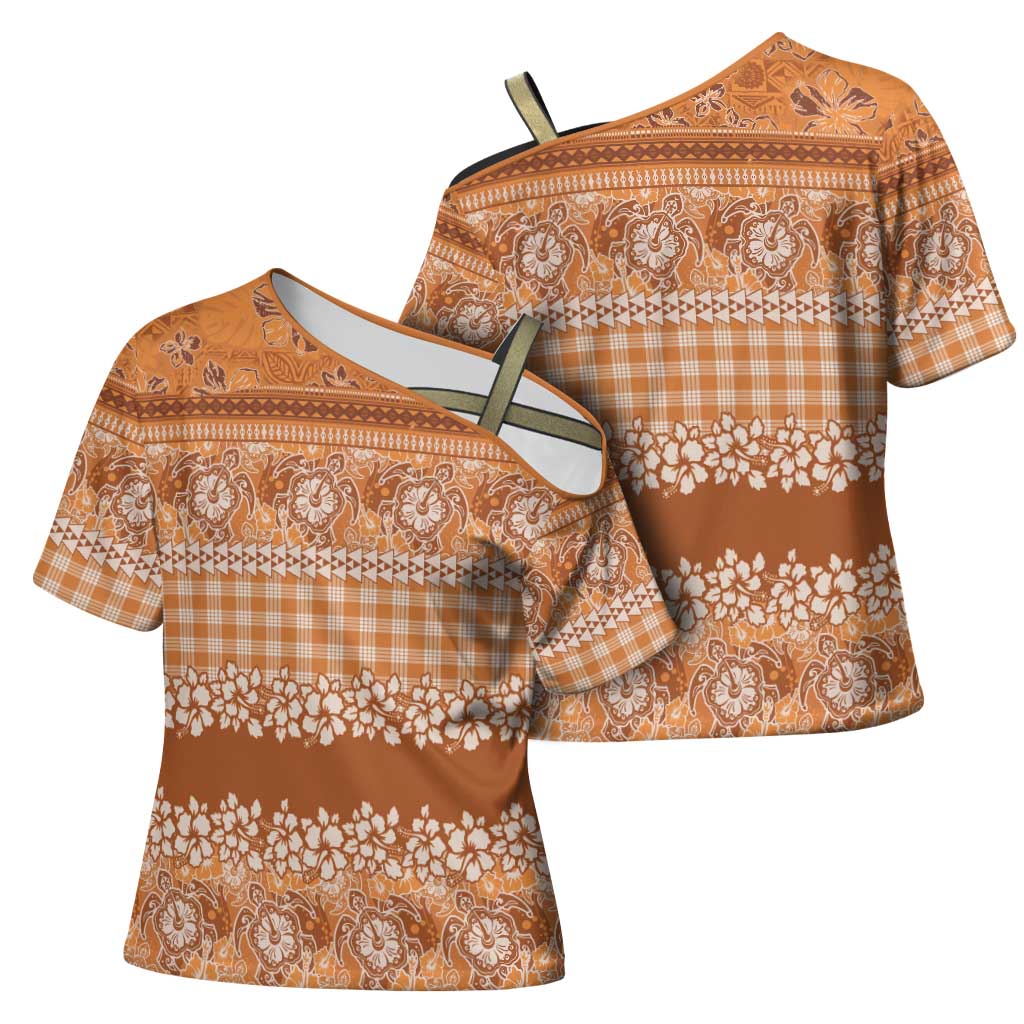 Hawaiian Hibiscus Honu Cross Shoulder Shirt Gold Mele Kalikimaka Palaka Spirit - Polynesian Pride