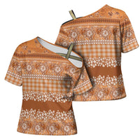 Hawaiian Hibiscus Honu Cross Shoulder Shirt Gold Mele Kalikimaka Palaka Spirit - Polynesian Pride