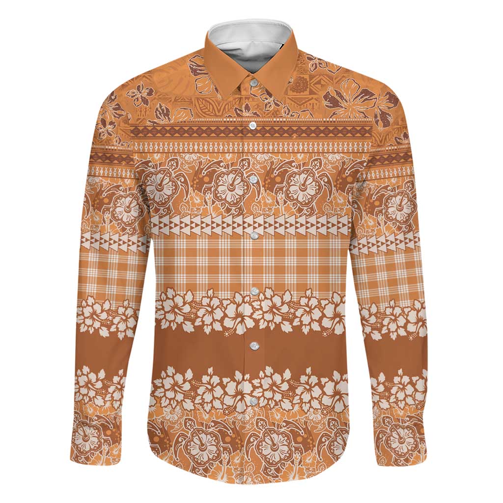 Hawaiian Hibiscus Honu Family Matching Long Sleeve Bodycon Dress and Hawaiian Shirt Gold Mele Kalikimaka Palaka Spirit LT9 Dad's Shirt - Long Sleeve Gold - Polynesian Pride